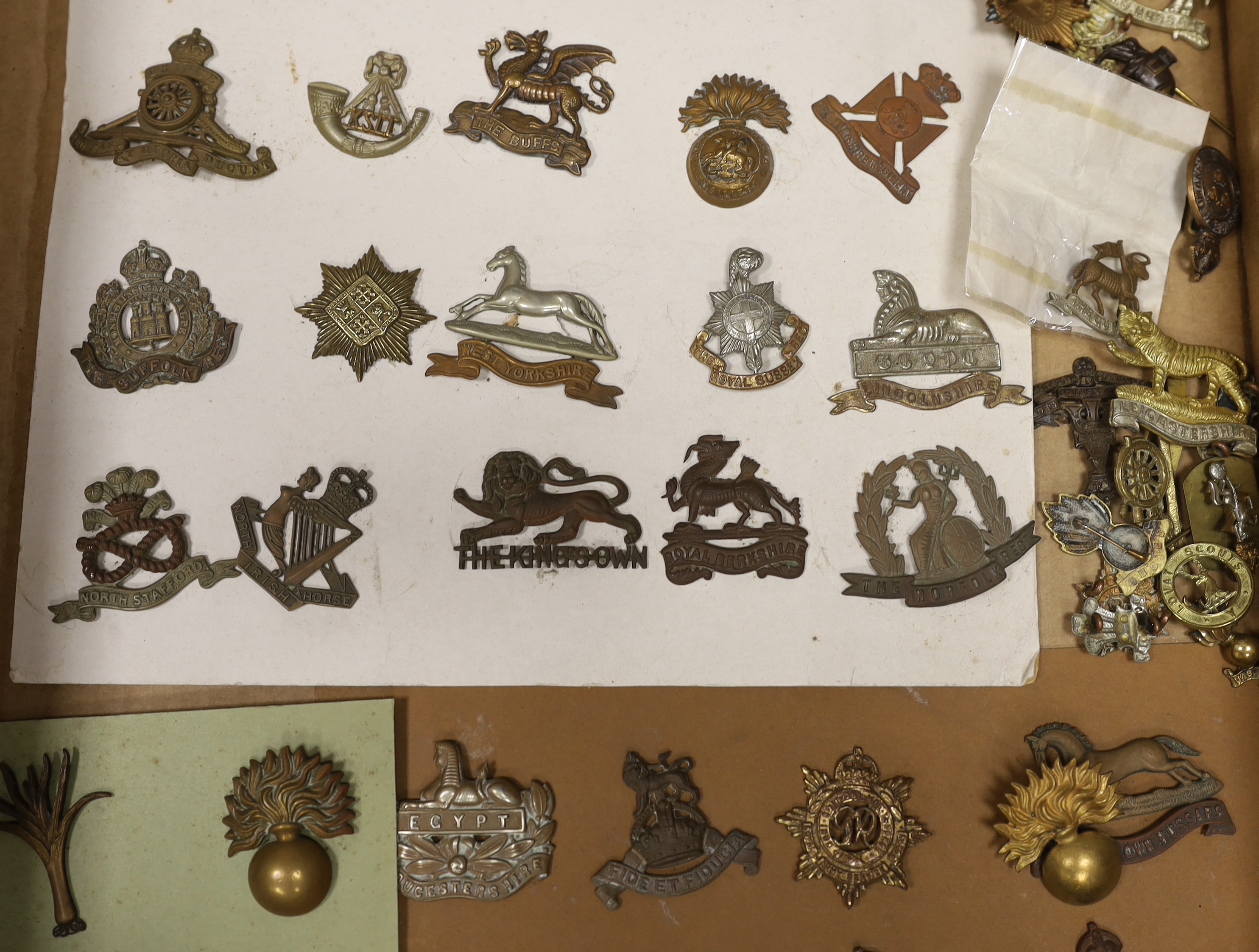 A collection of military cap badges, including Royal Sussex Reg, Royal Warwickshire, King’s Own Hussars, Leicestershire, Royal Welsh Fusiliers, etc. (65)